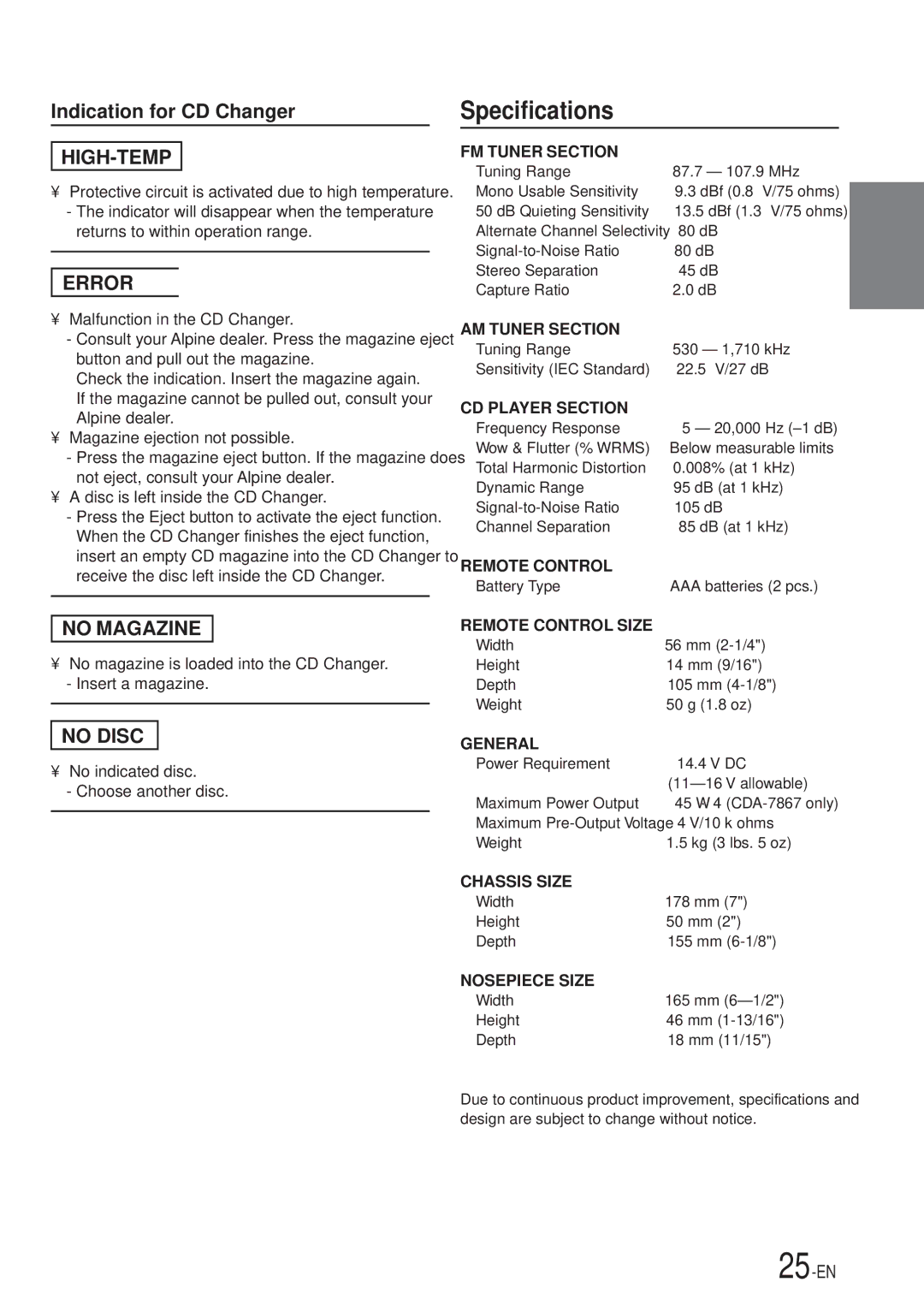 Alpine CDA-7867, CDA-7969 owner manual Specifications, High-Temp 