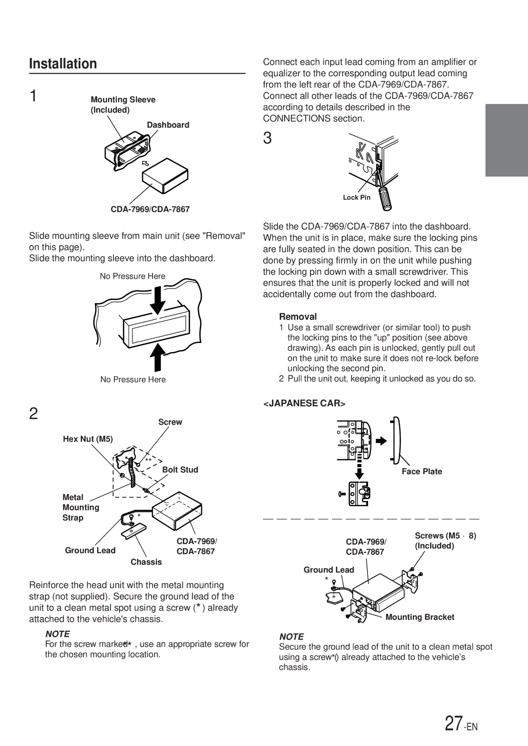 Alpine CDA-7867, CDA-7969 owner manual Installation, Removal 