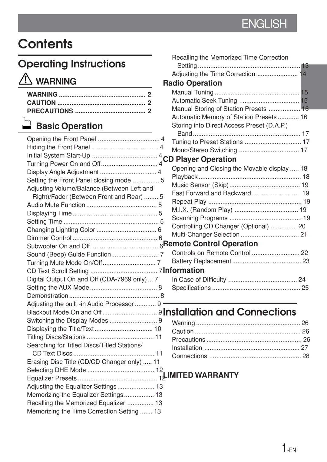 Alpine CDA-7867, CDA-7969 owner manual Contents 