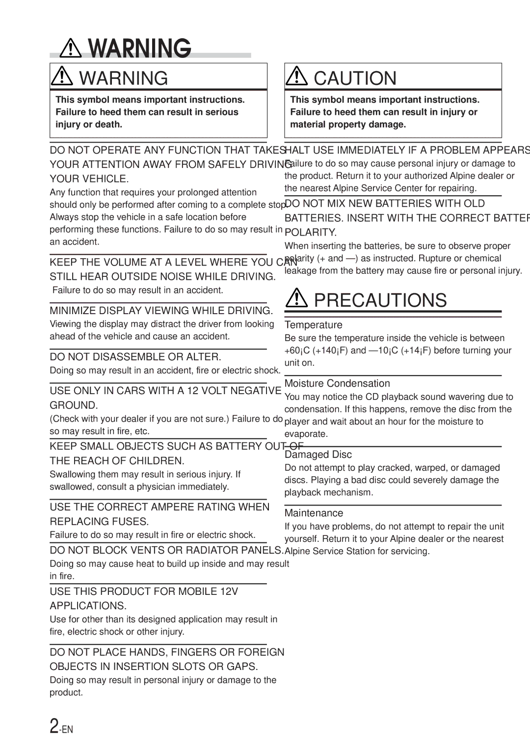 Alpine CDA-7969, CDA-7867 owner manual Precautions 