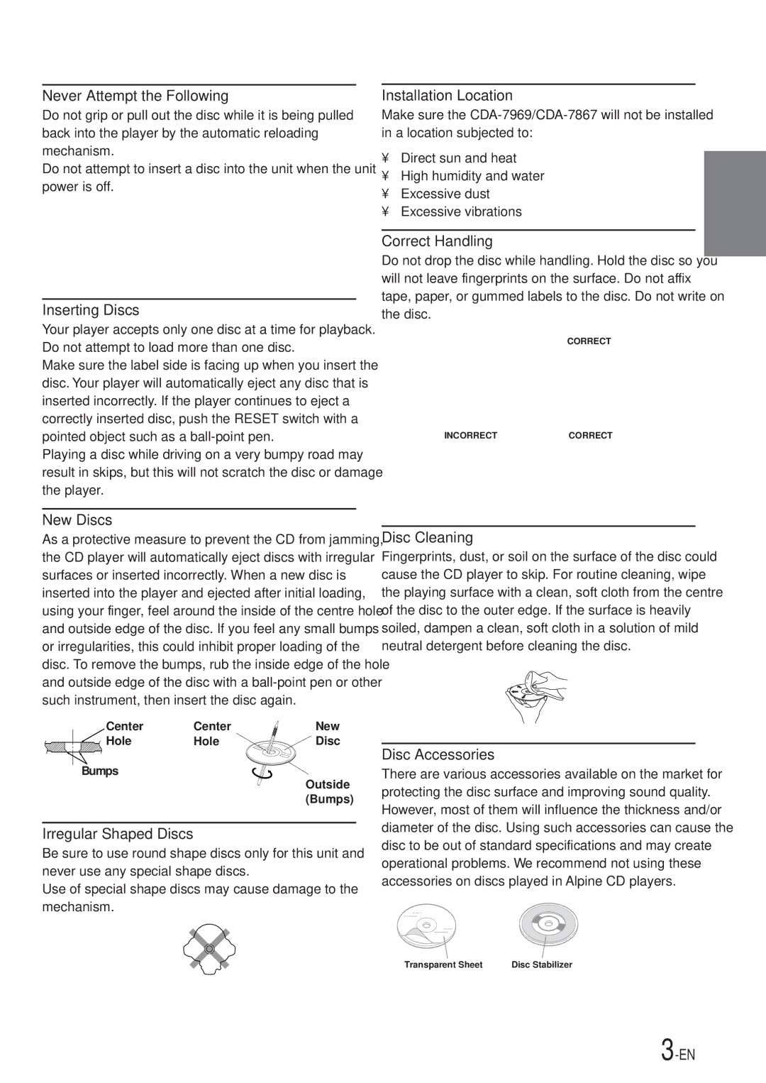 Alpine CDA-7867, CDA-7969 owner manual Never Attempt the Following 