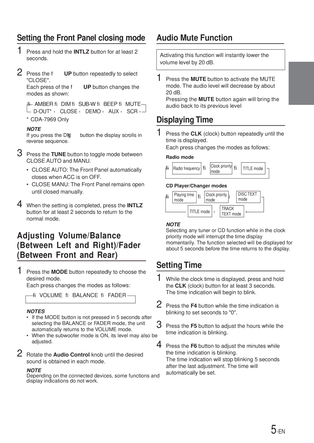 Alpine CDA-7867, CDA-7969 owner manual Audio Mute Function, Displaying Time, Setting Time 