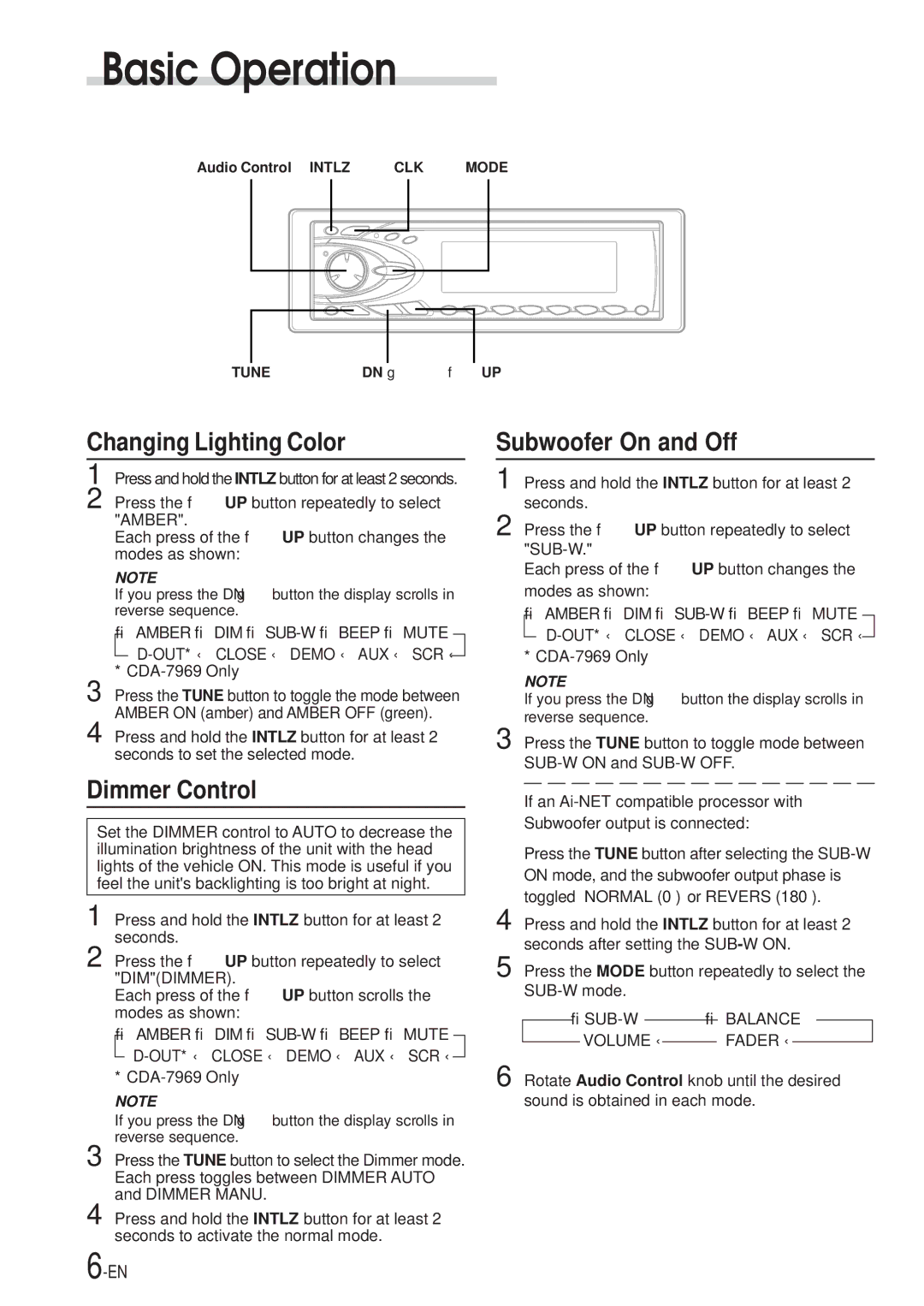 Alpine CDA-7969, CDA-7867 owner manual Changing Lighting Color, Subwoofer On and Off, Dimmer Control 