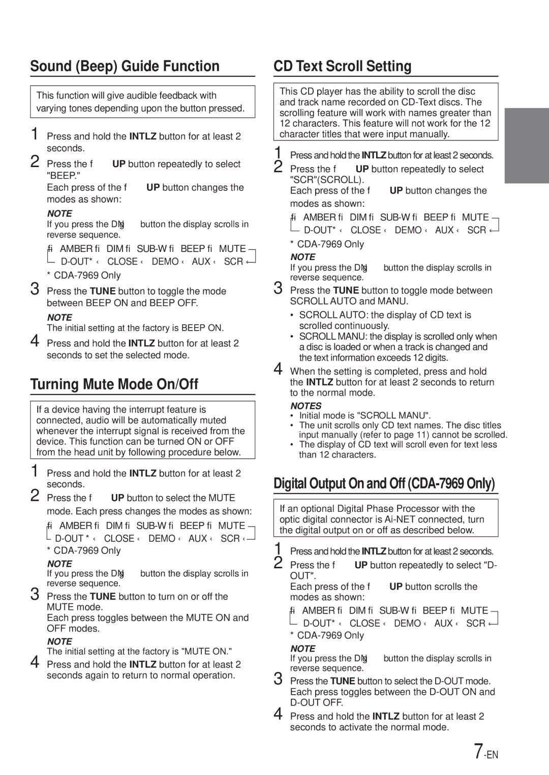 Alpine CDA-7867, CDA-7969 owner manual Sound Beep Guide Function, Turning Mute Mode On/Off, CD Text Scroll Setting 