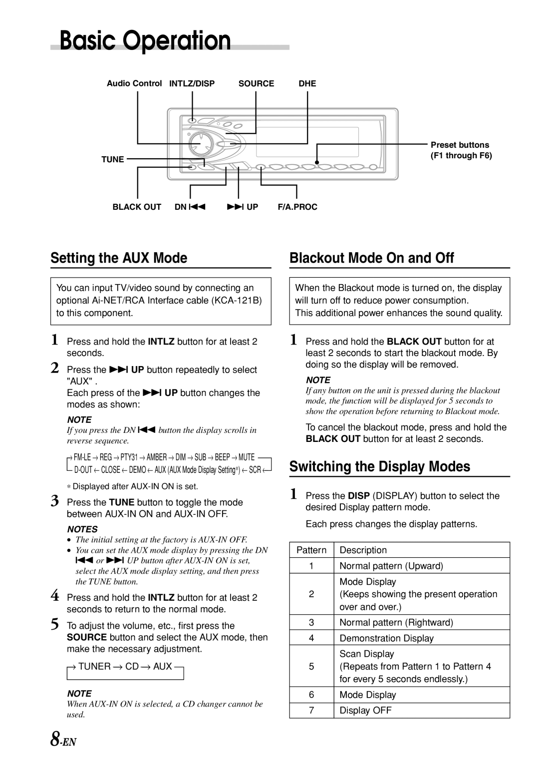 Alpine CDA-7969R owner manual Setting the AUX Mode Blackout Mode On and Off, Switching the Display Modes 