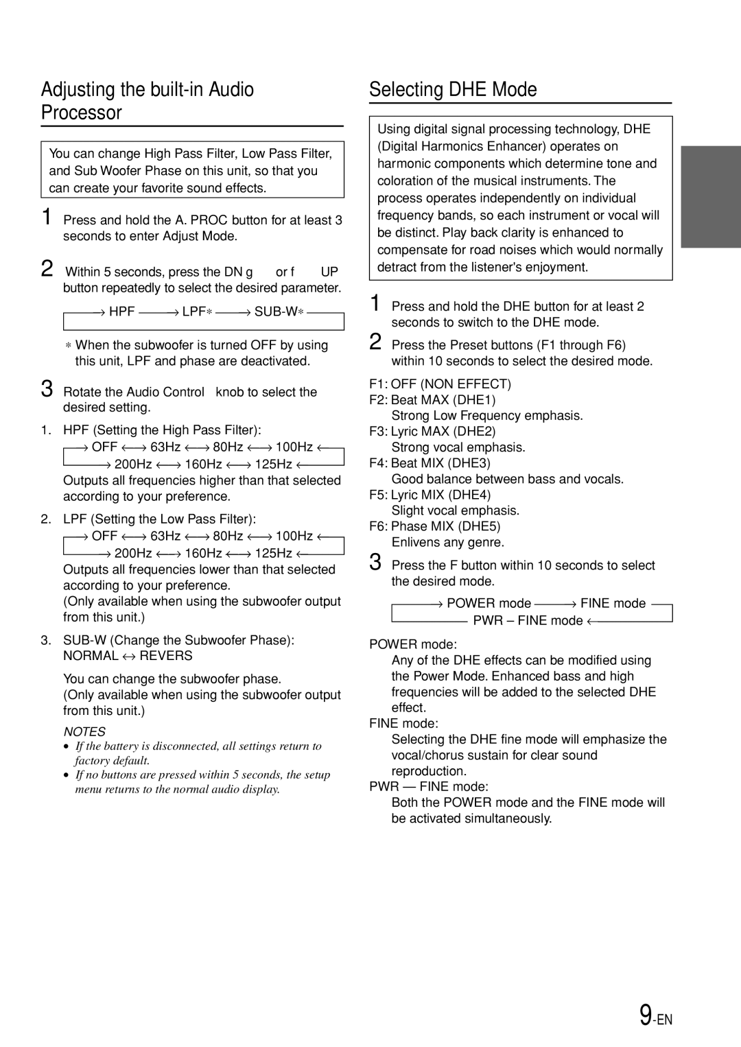 Alpine CDA-7969R owner manual Adjusting the built-in Audio Processor, Selecting DHE Mode 