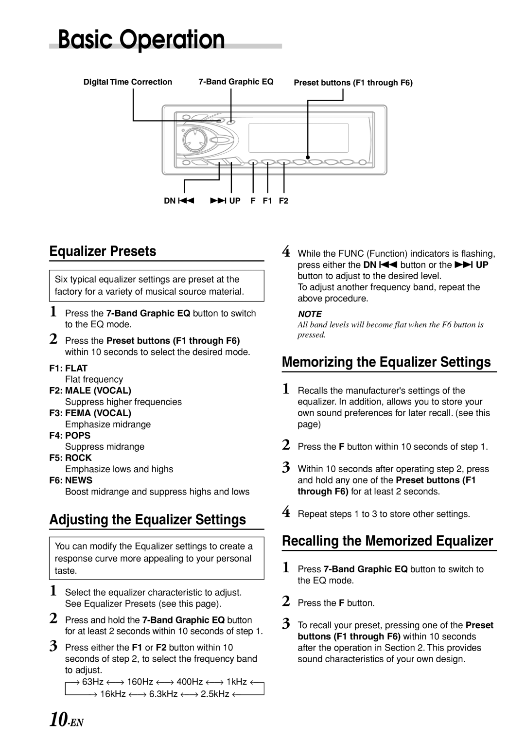 Alpine CDA-7969R owner manual Equalizer Presets, Adjusting the Equalizer Settings, Memorizing the Equalizer Settings, 10-EN 