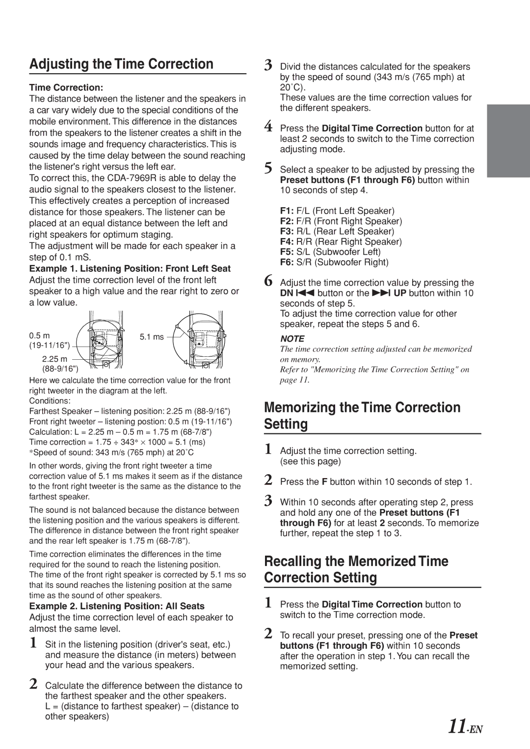 Alpine CDA-7969R owner manual Adjusting the Time Correction, Memorizing the Time Correction Setting, 11-EN 