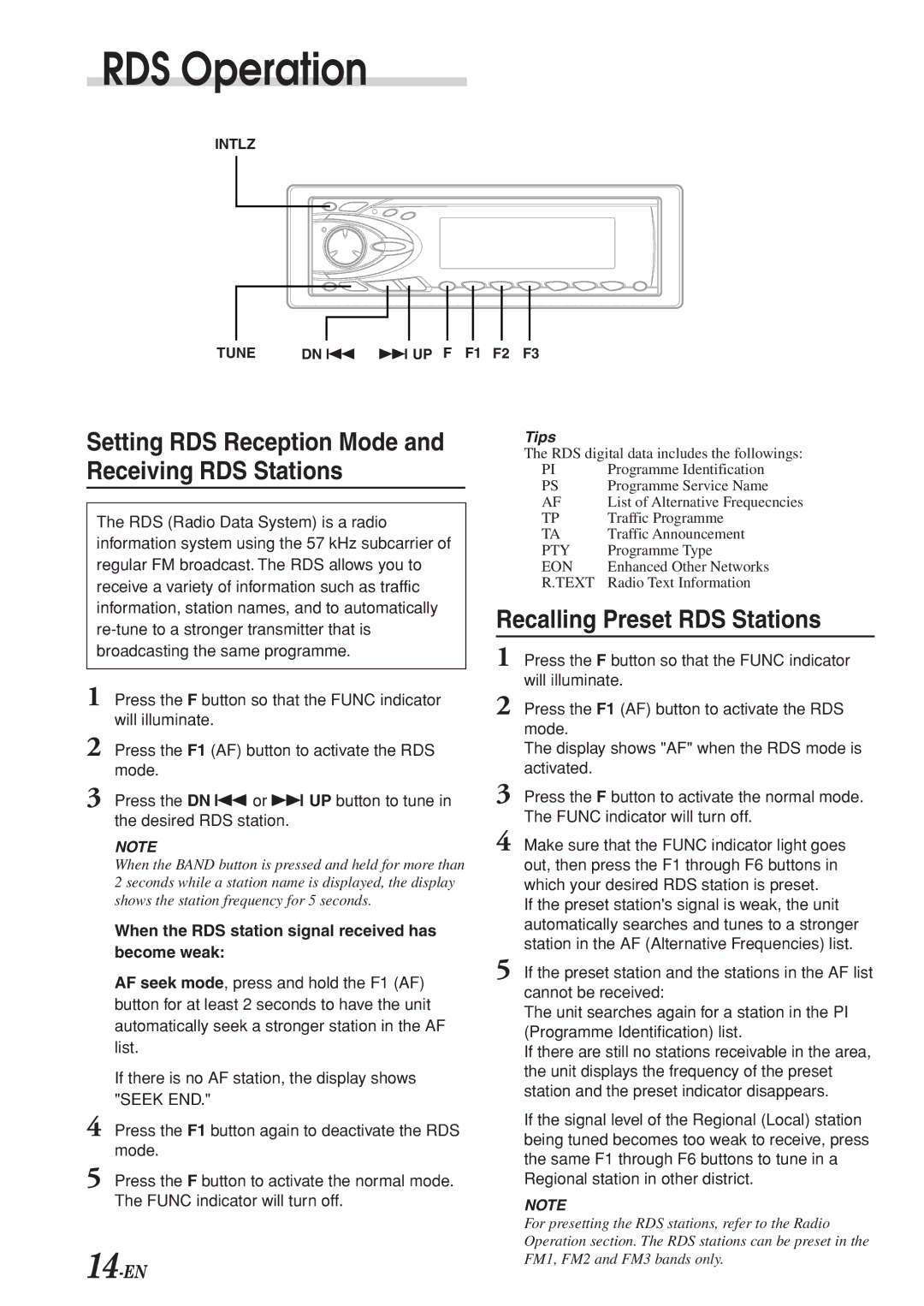 Alpine CDA-7969R RDS Operation, Setting RDS Reception Mode and Receiving RDS Stations, Recalling Preset RDS Stations 