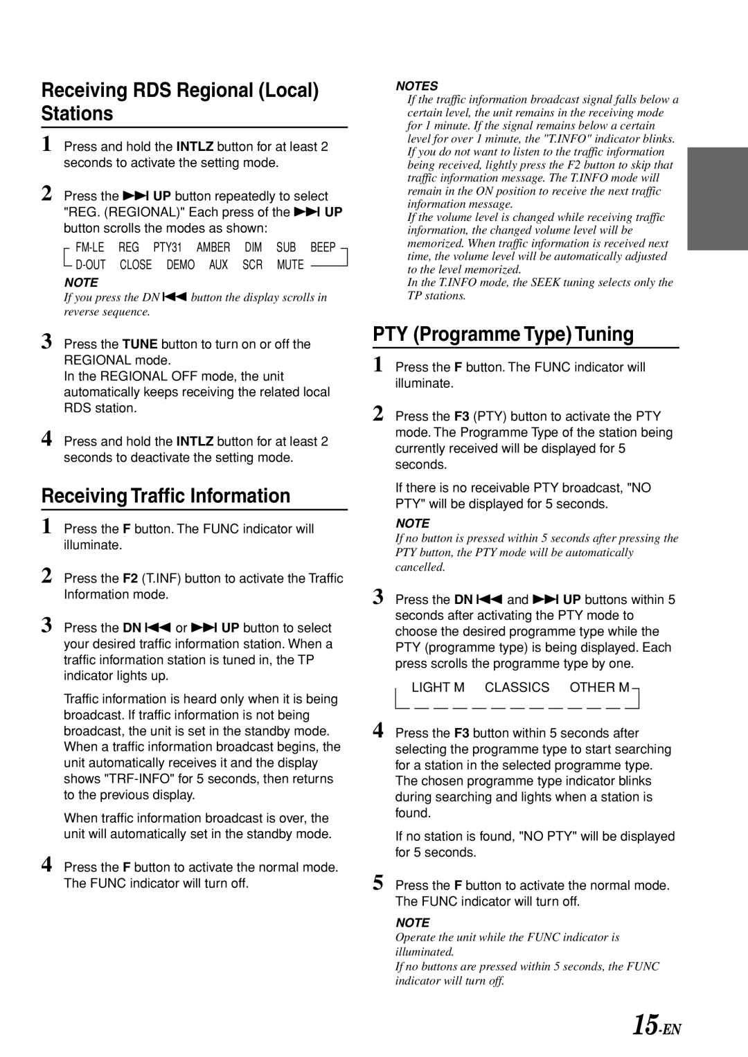 Alpine CDA-7969R Receiving RDS Regional Local Stations, Receiving Traffic Information, PTY Programme Type Tuning, 15-EN 