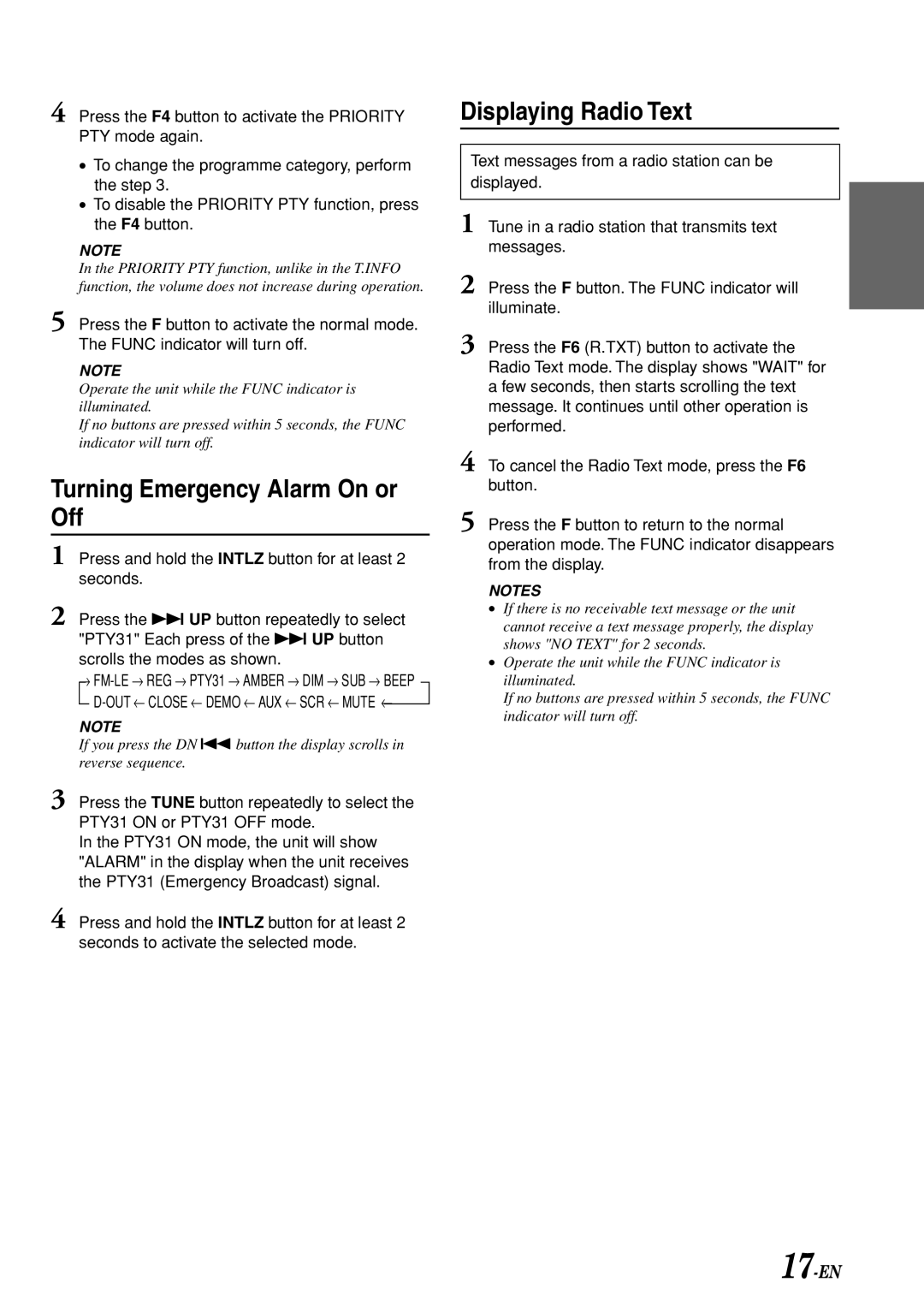 Alpine CDA-7969R owner manual Turning Emergency Alarm On or Off, Displaying Radio Text, 17-EN 