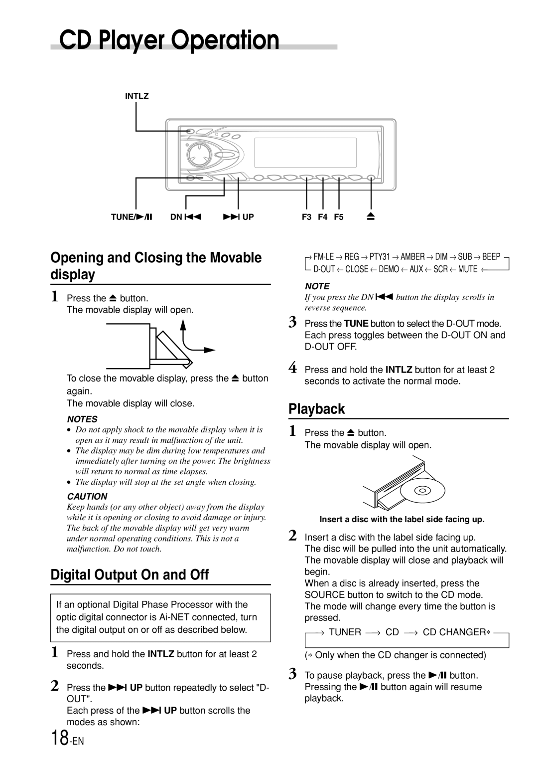 Alpine CDA-7969R CD Player Operation, Opening and Closing the Movable display, Digital Output On and Off, Playback, 18-EN 