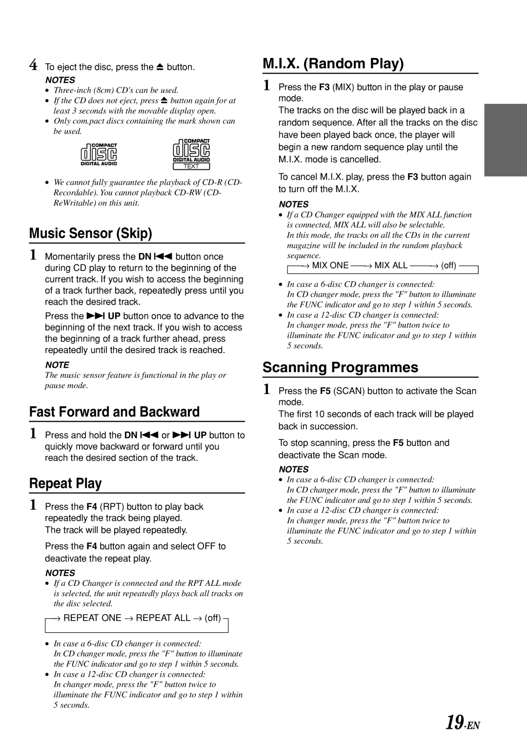 Alpine CDA-7969R Music Sensor Skip, Fast Forward and Backward, Repeat Play, X. Random Play, Scanning Programmes 