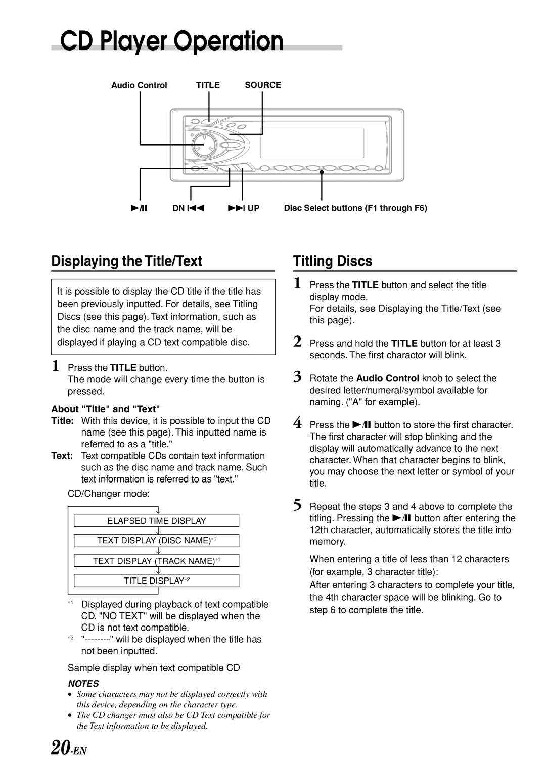 Alpine CDA-7969R owner manual Displaying the Title/Text, Titling Discs, 20-EN, About Title and Text 