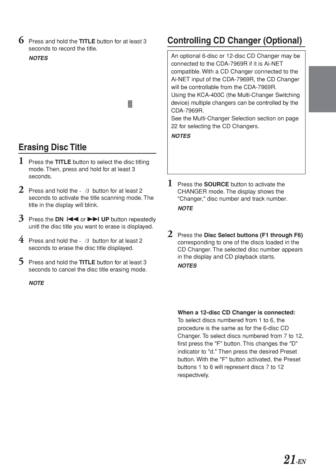 Alpine CDA-7969R Erasing Disc Title, Controlling CD Changer Optional, 21-EN, When a 12-disc CD Changer is connected 