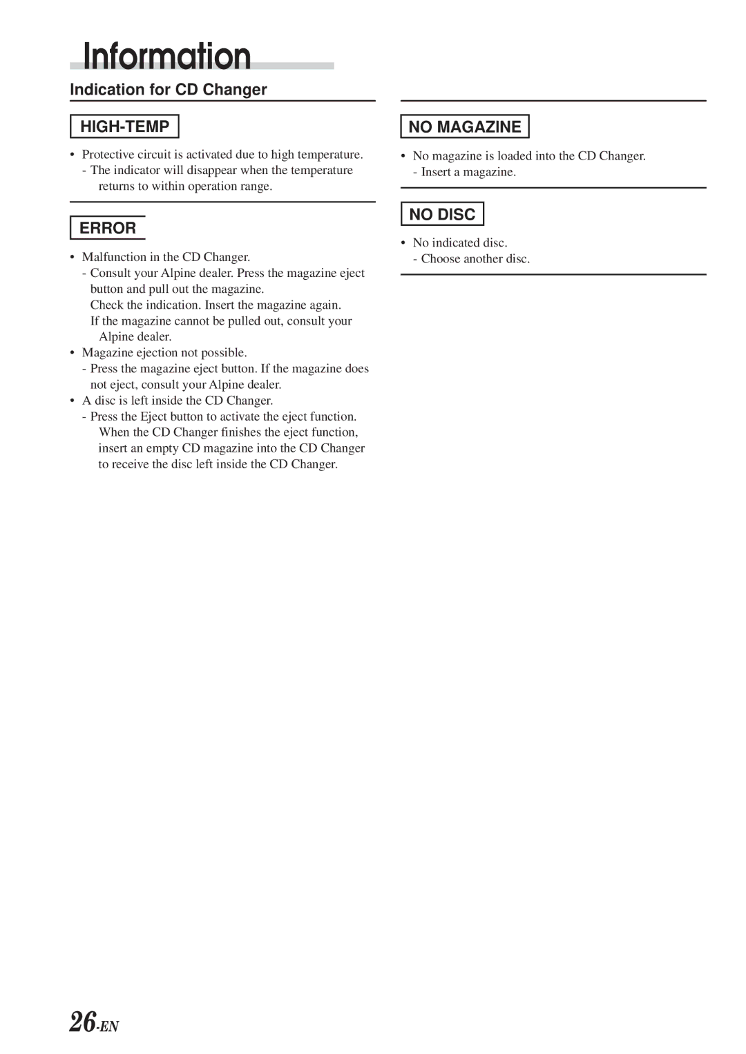 Alpine CDA-7969R owner manual High-Temp, 26-EN 