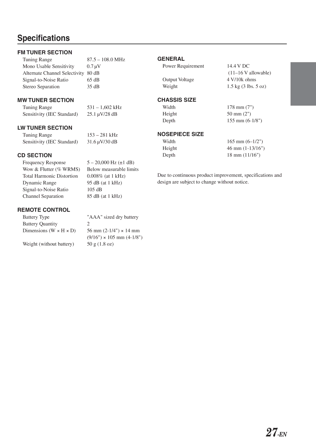 Alpine CDA-7969R owner manual Specifications, 27-EN 