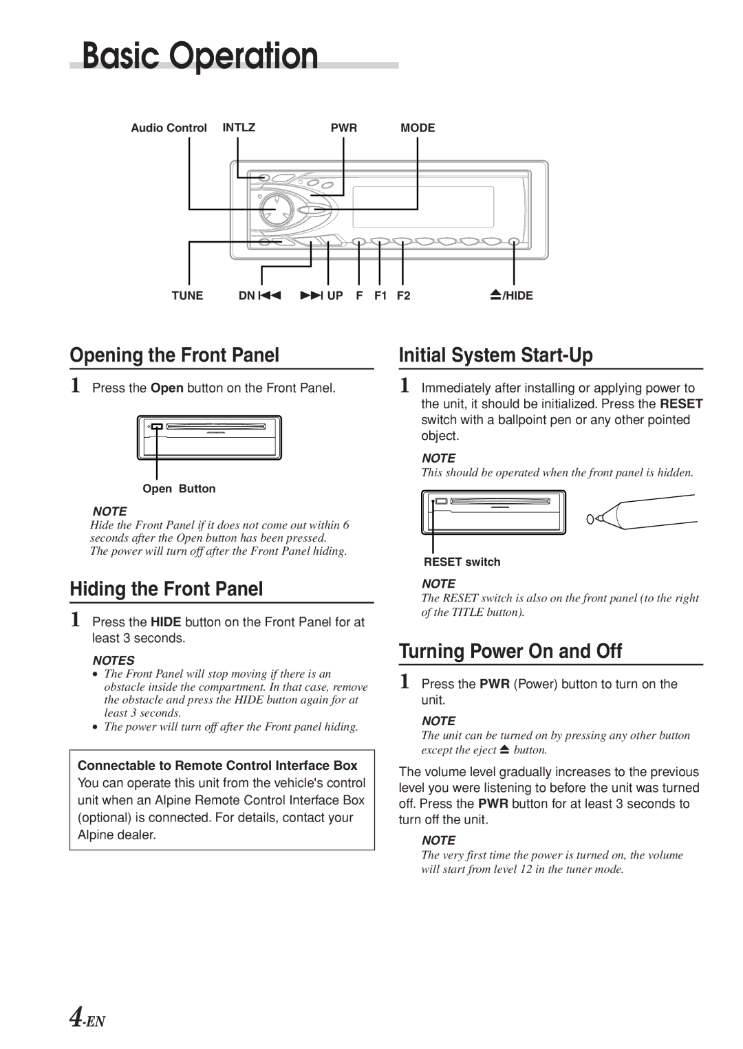 Alpine CDA-7969R owner manual Basic Operation, Opening the Front Panel, Hiding the Front Panel, Initial System Start-Up 