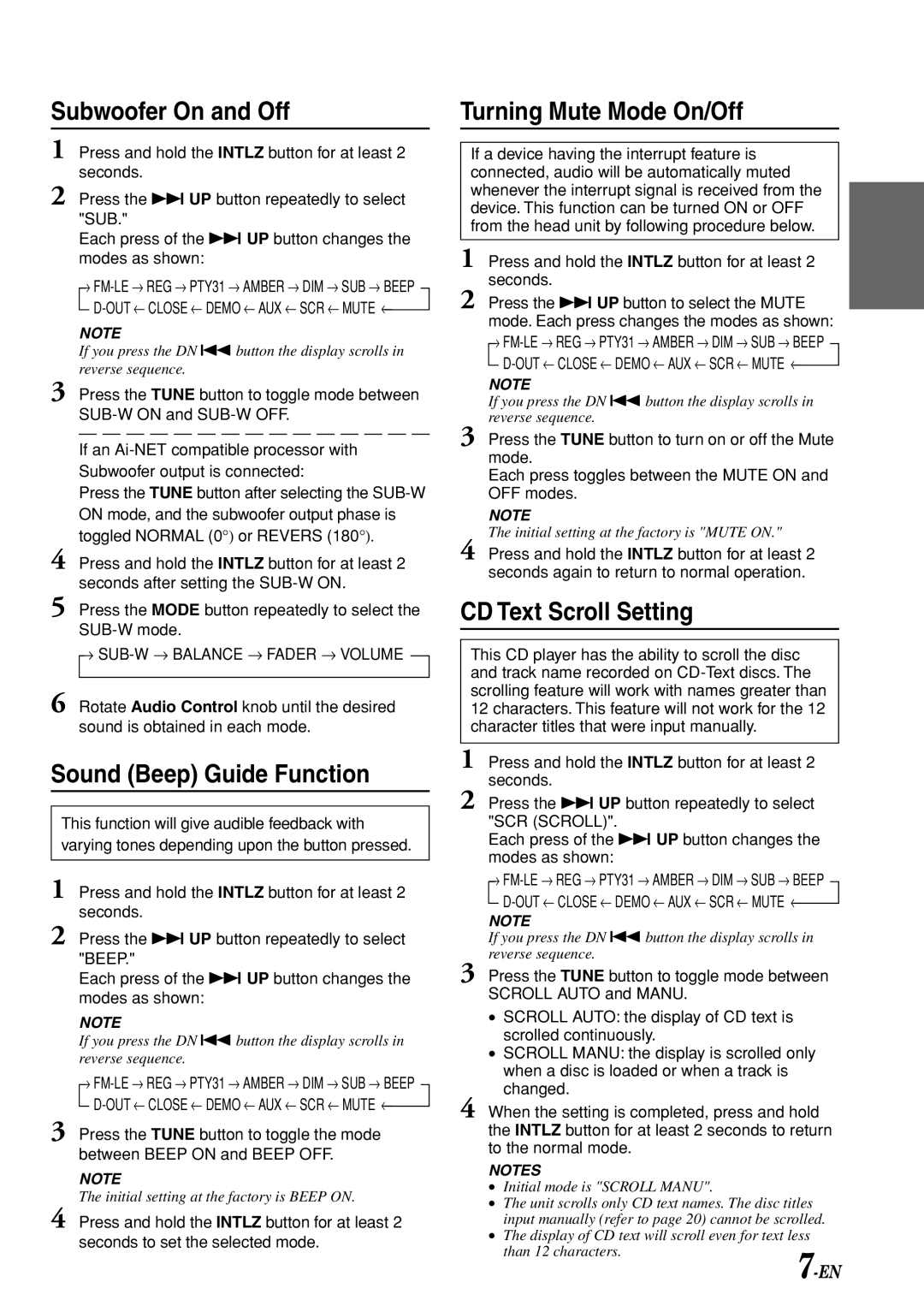 Alpine CDA-7969R owner manual Turning Mute Mode On/Off, CD Text Scroll Setting, OUT ← Close ← Demo ← AUX ← SCR ← Mute ← 