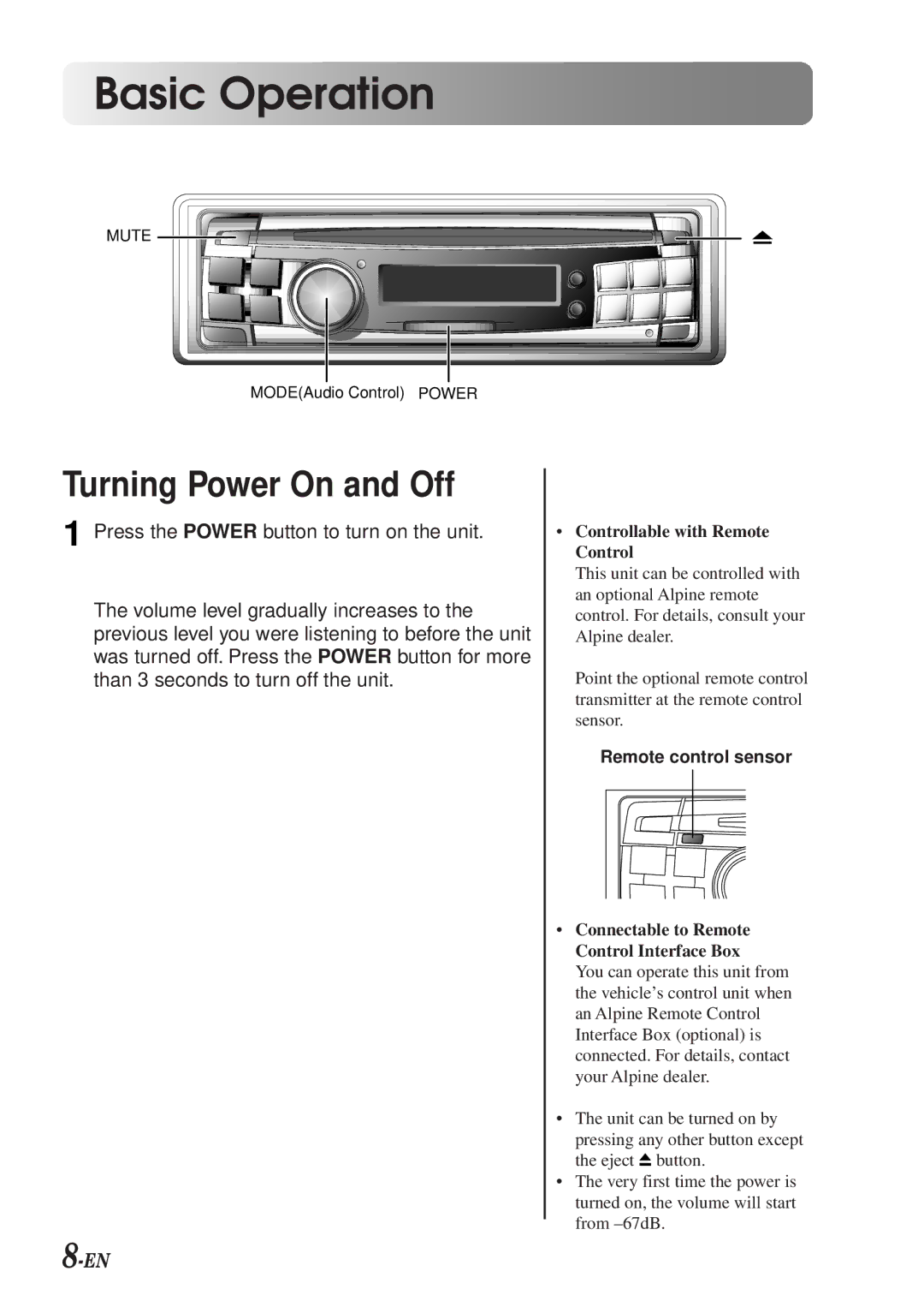 Alpine CDA-7990 manual Turning Power On and Off, Controllable with Remote Control 