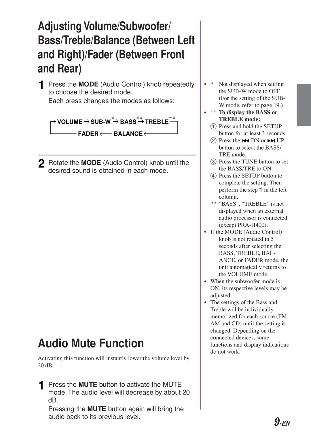 Alpine CDA-7990 manual Adjusting Volume/Subwoofer, Rear, Audio Mute Function 