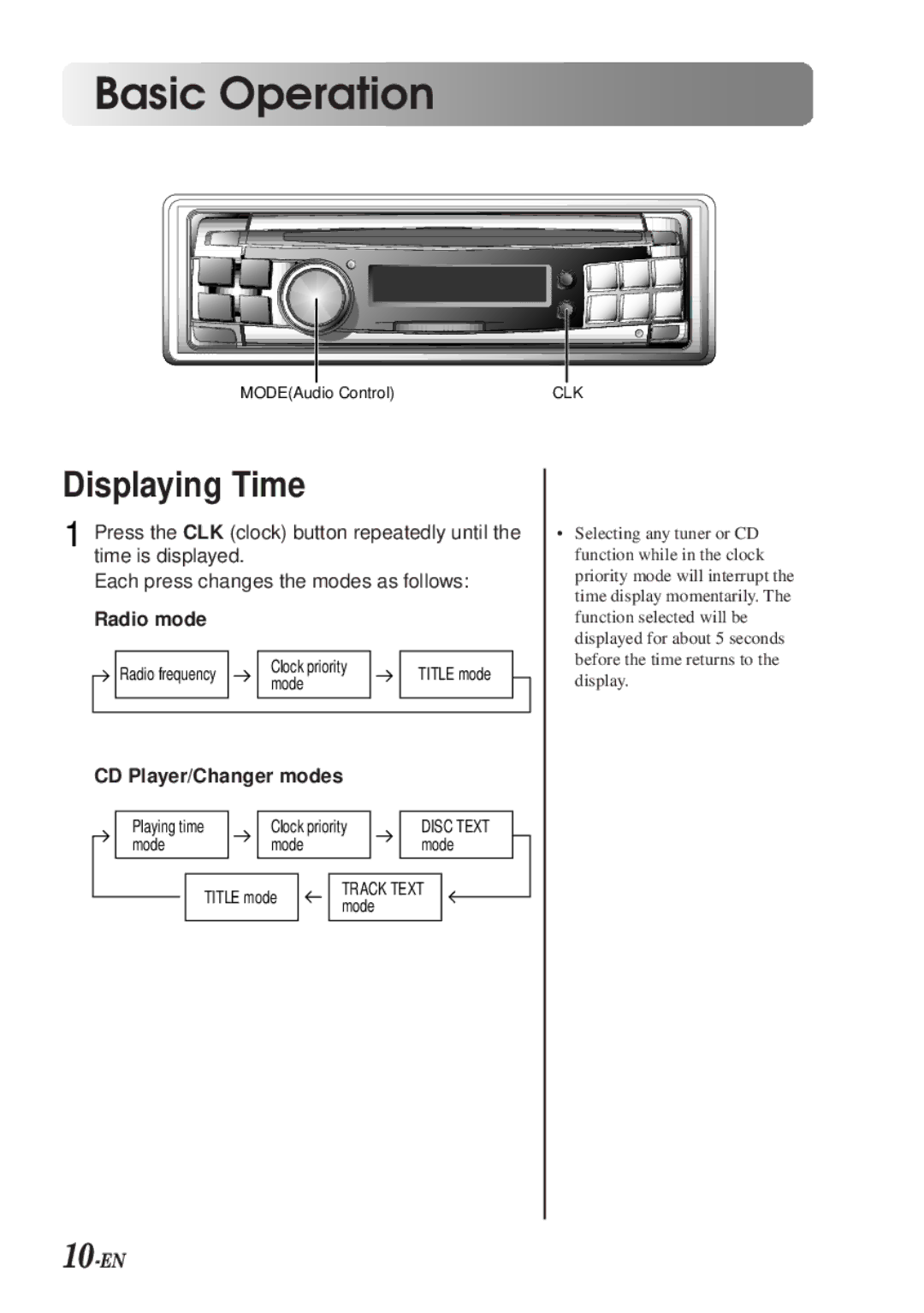 Alpine CDA-7990 manual Displaying Time, 10-EN, Radio mode, CD Player/Changer modes 