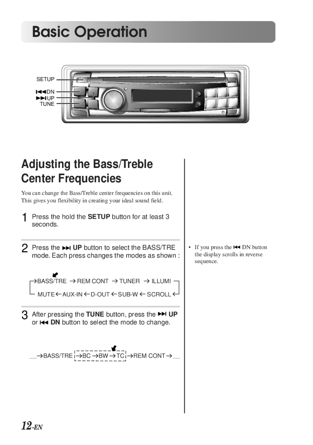 Alpine CDA-7990 manual 12-EN, Adjusting the Bass/Treble Center Frequencies 