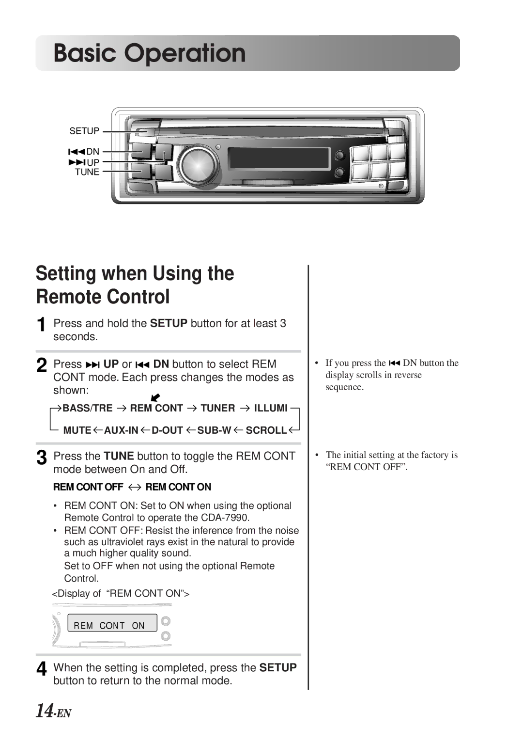 Alpine CDA-7990 manual Setting when Using the Remote Control, 14-EN 