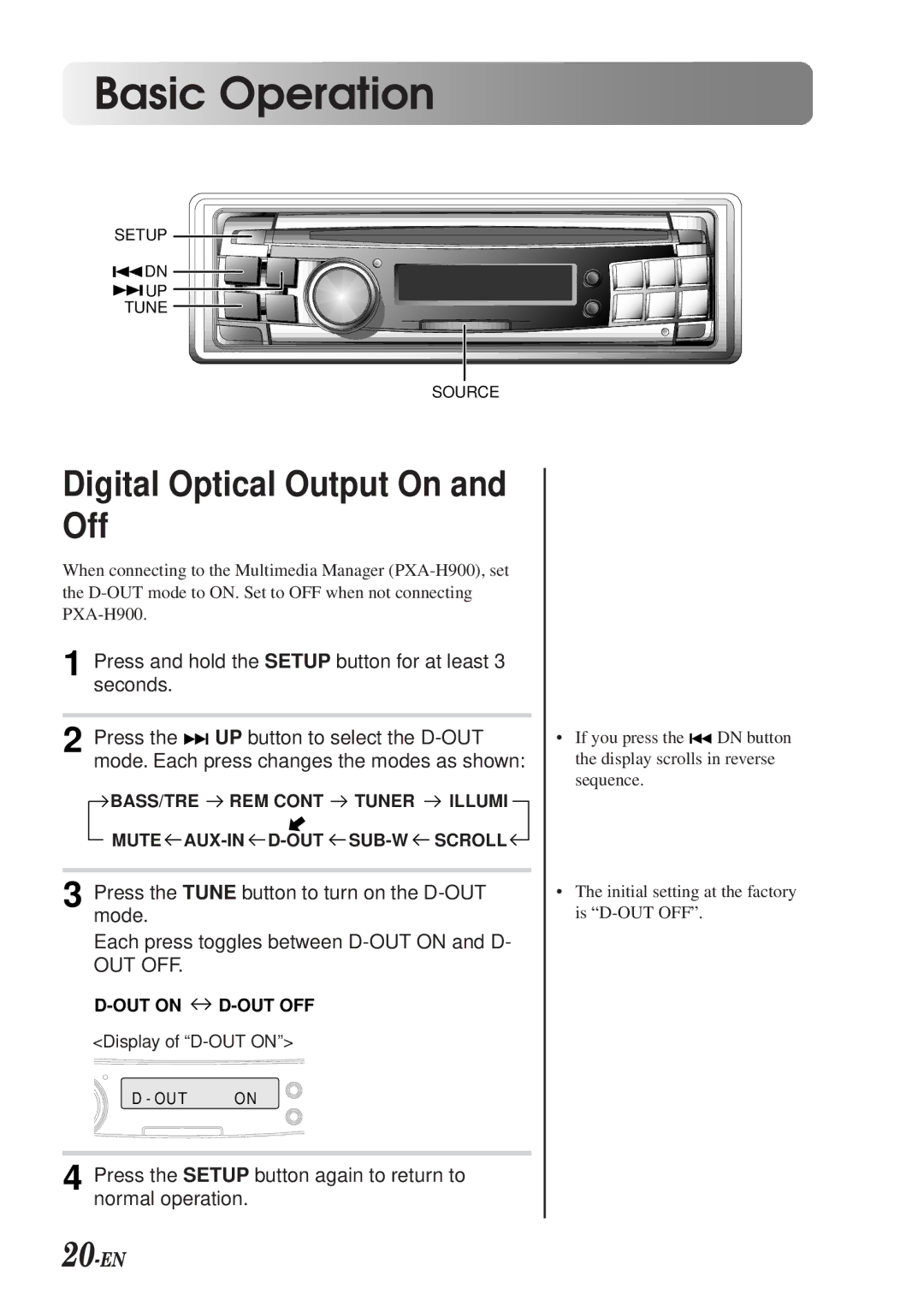 Alpine CDA-7990 manual Digital Optical Output On and Off, 20-EN 