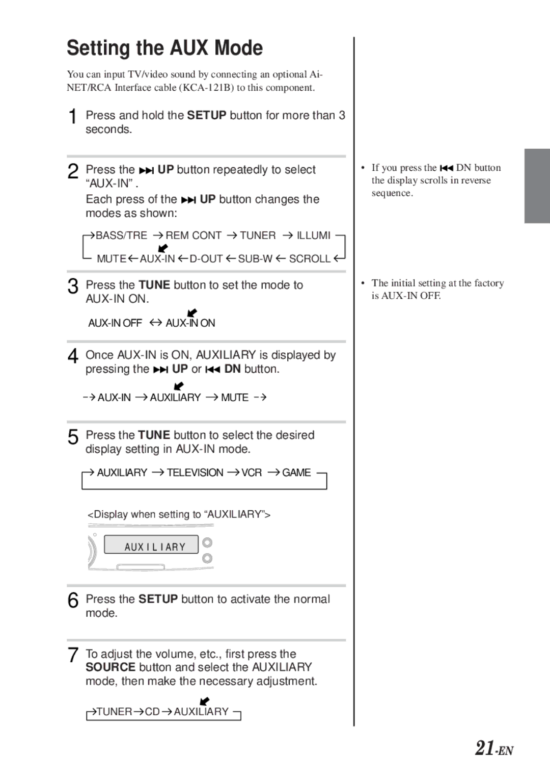 Alpine CDA-7990 manual Setting the AUX Mode, 21-EN 