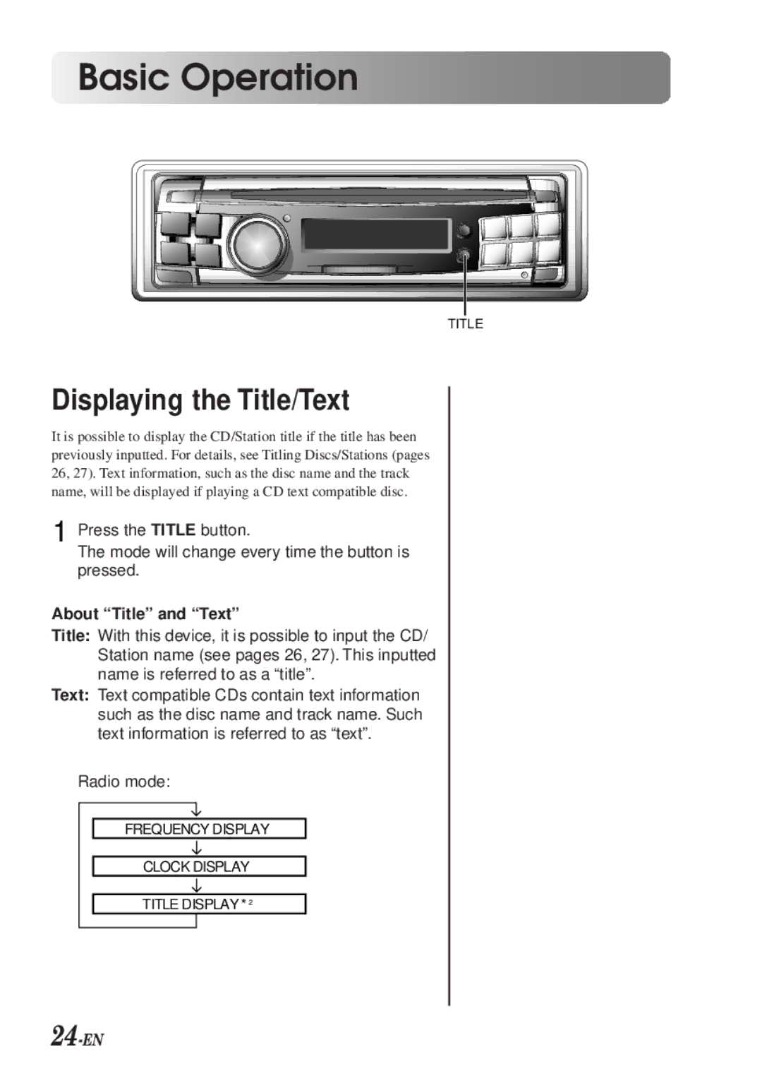 Alpine CDA-7990 manual Displaying the Title/Text, 24-EN, About Title and Text 