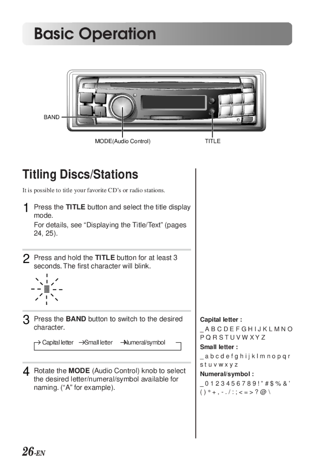 Alpine CDA-7990 manual Titling Discs/Stations, 26-EN 