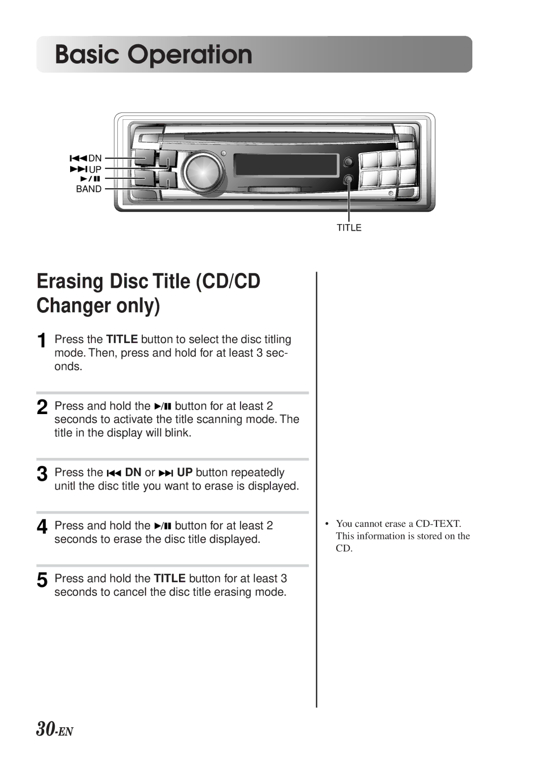 Alpine CDA-7990 manual Erasing Disc Title CD/CD Changer only, 30-EN 