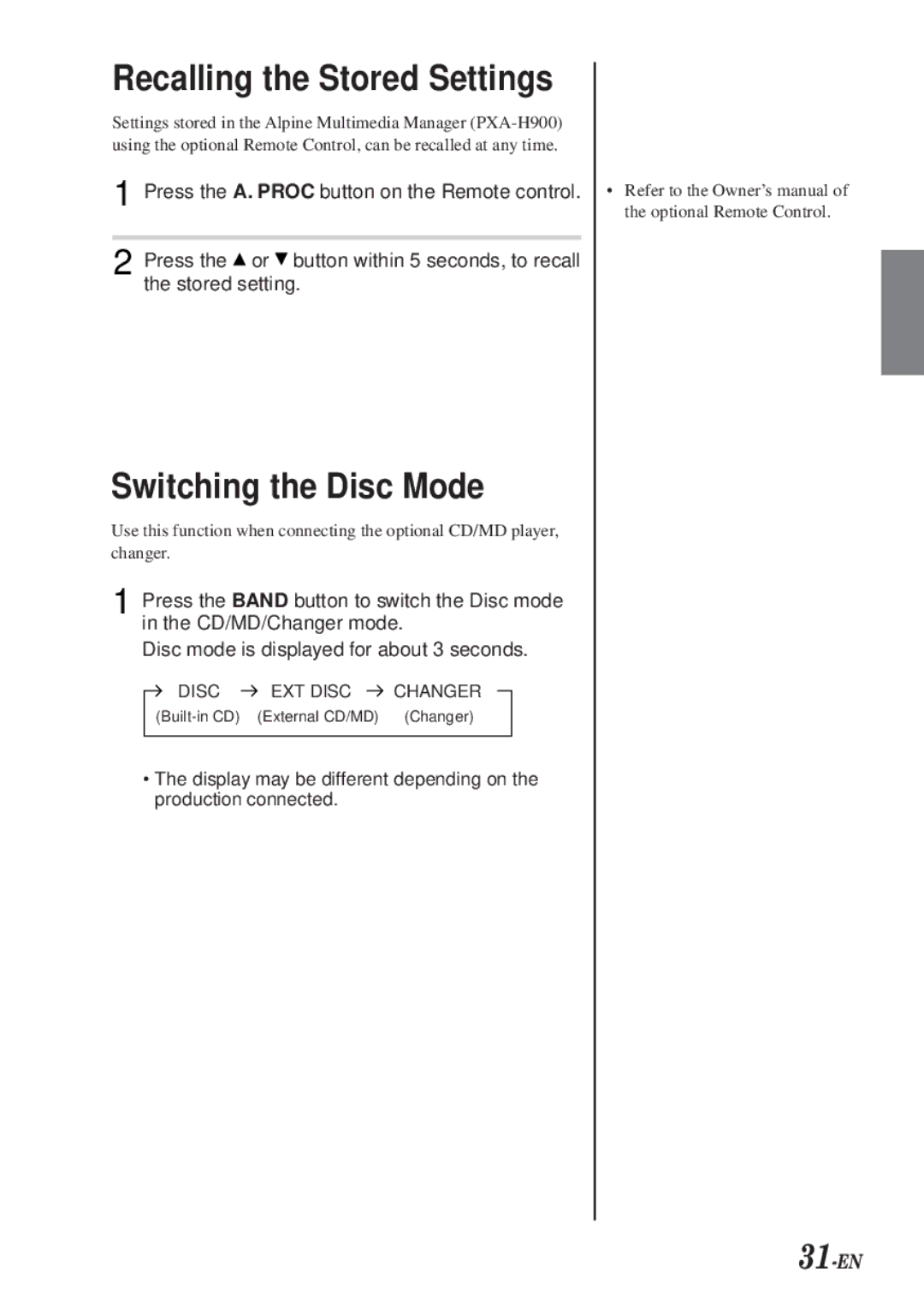 Alpine CDA-7990 manual Recalling the Stored Settings, Switching the Disc Mode, 31-EN 