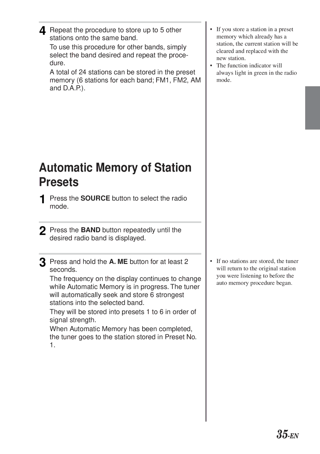 Alpine CDA-7990 manual Automatic Memory of Station Presets, 35-EN 