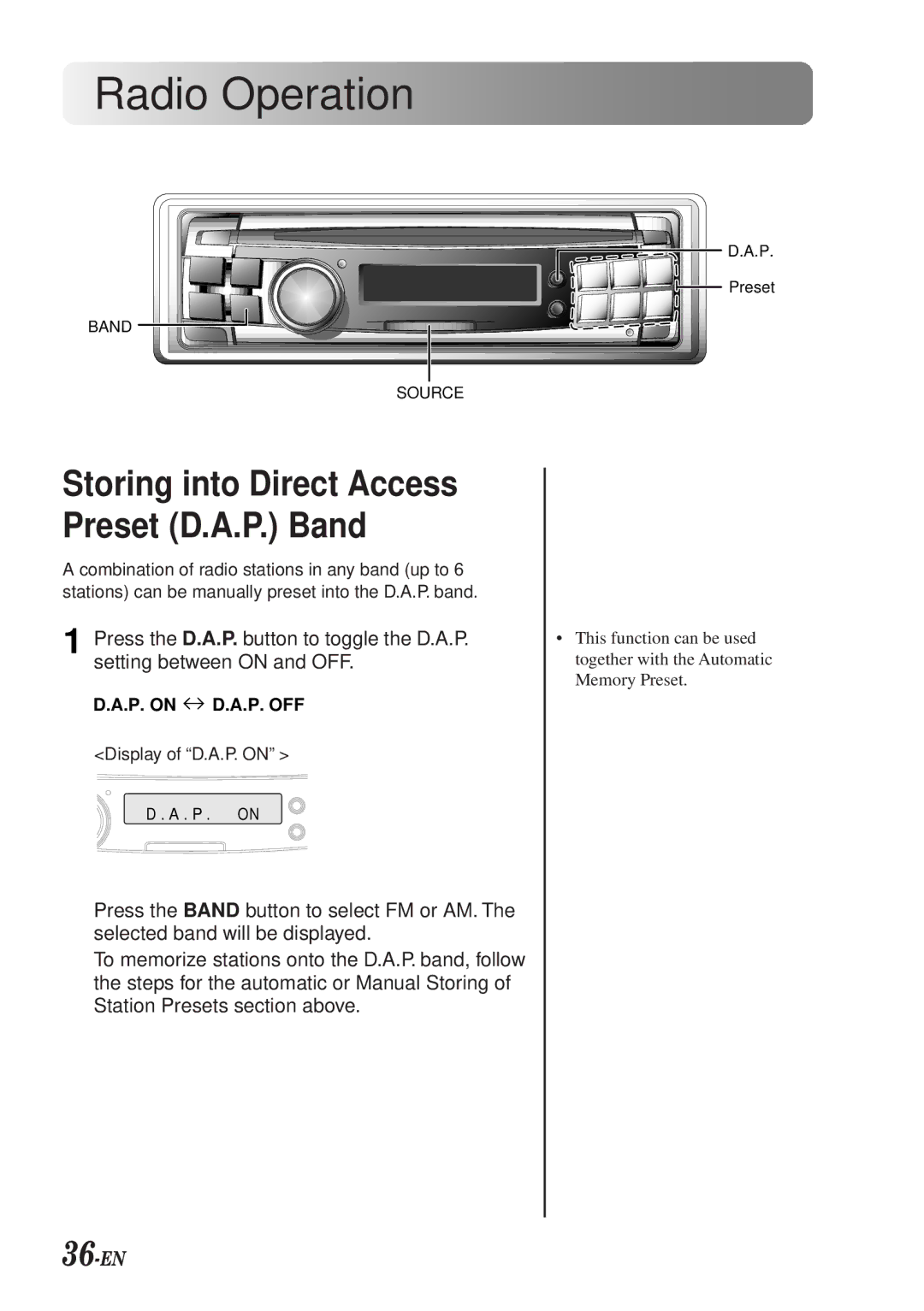 Alpine CDA-7990 manual 36-EN, Storing into Direct Access Preset D.A.P. Band 