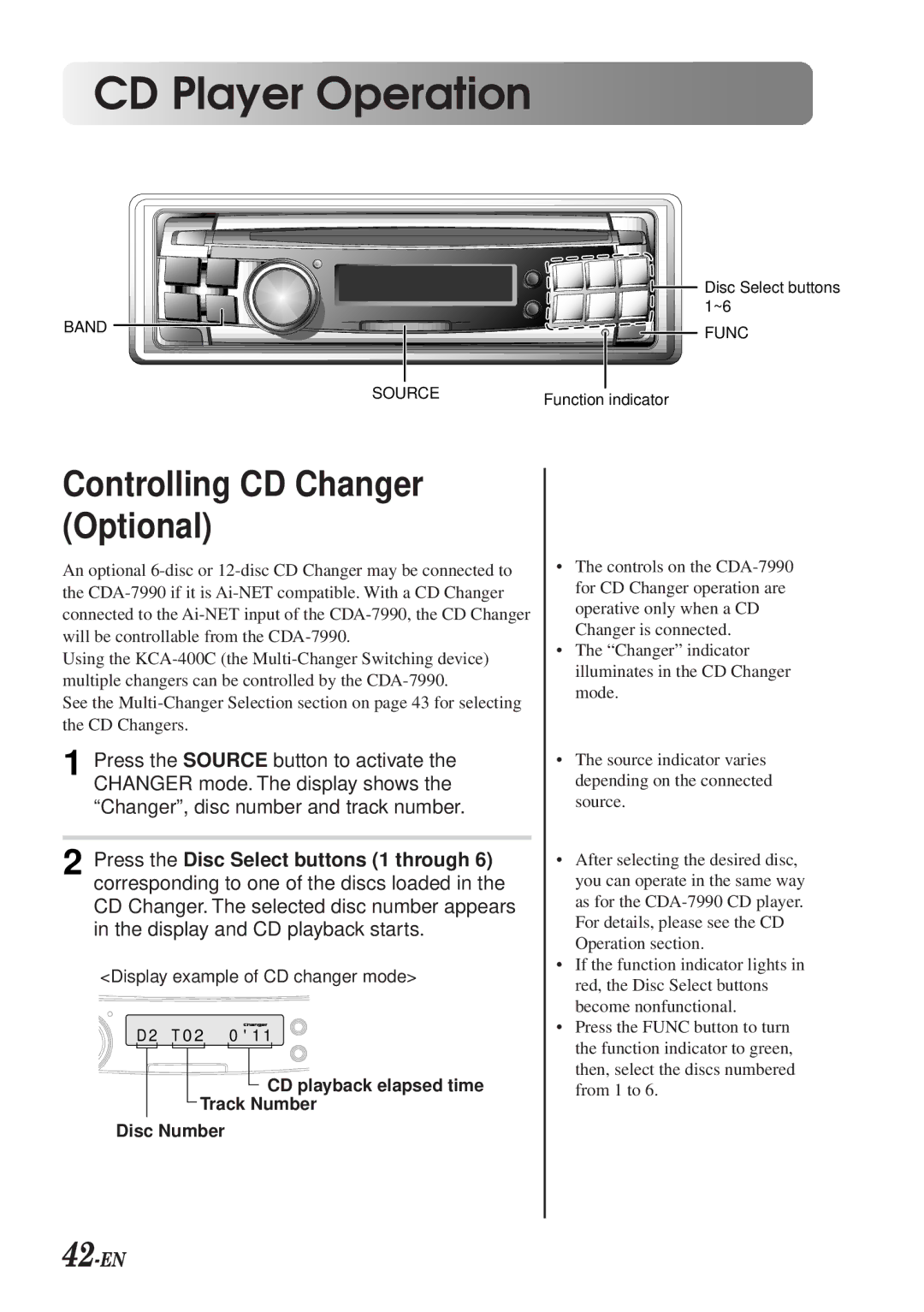 Alpine CDA-7990 manual Controlling CD Changer Optional, 42-EN 