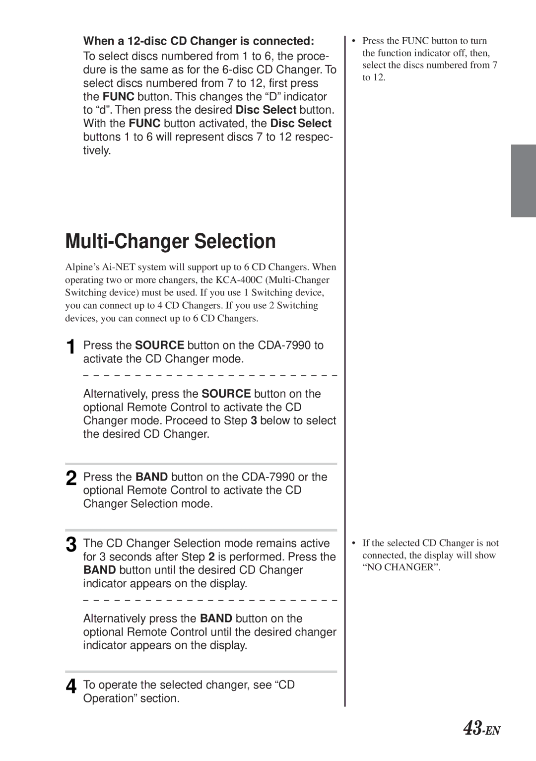 Alpine CDA-7990 manual Multi-Changer Selection, 43-EN, When a 12-disc CD Changer is connected 