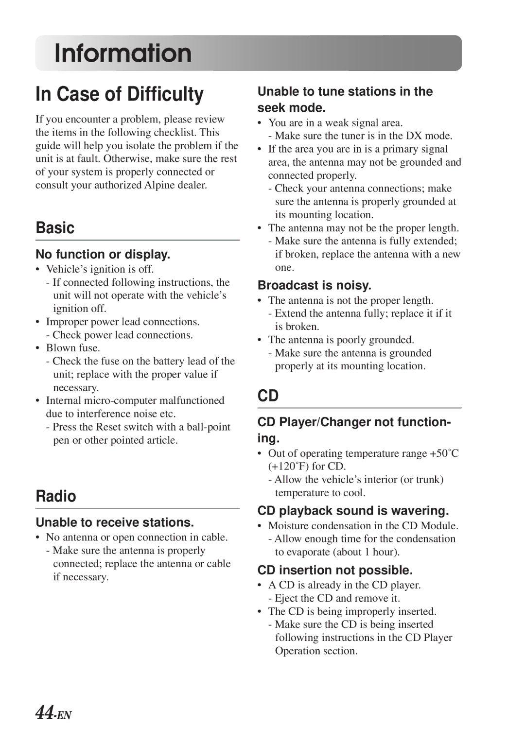 Alpine CDA-7990 manual Case of Difficulty, 44-EN 