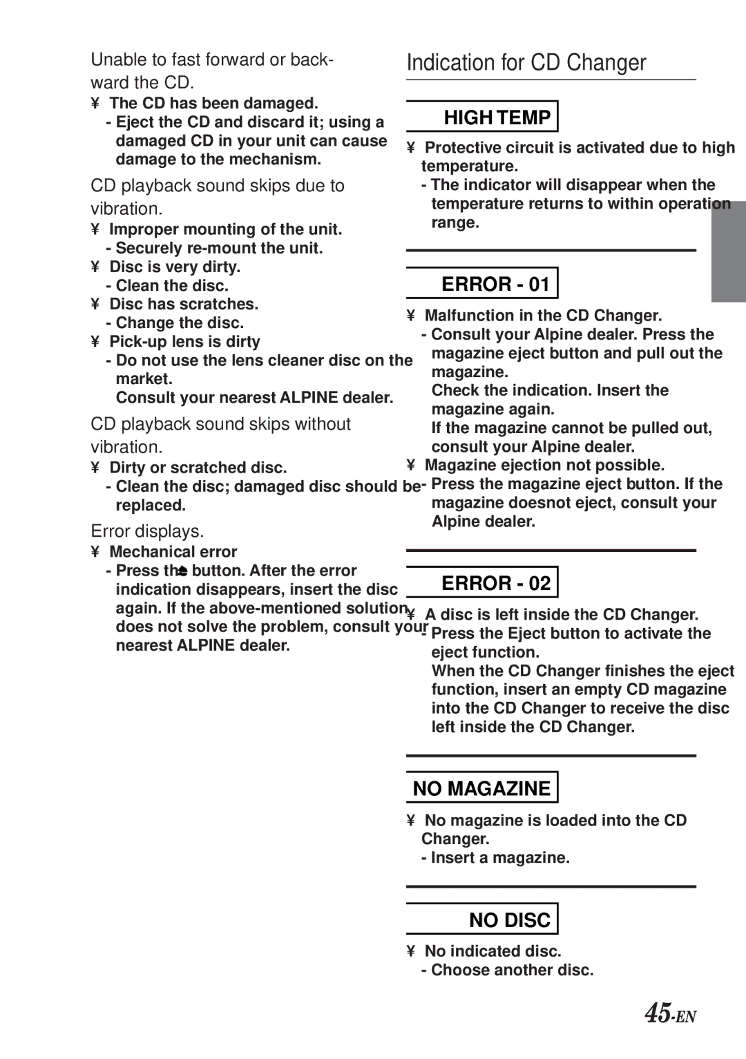 Alpine CDA-7990 manual 45-EN, Unable to fast forward or back- ward the CD 