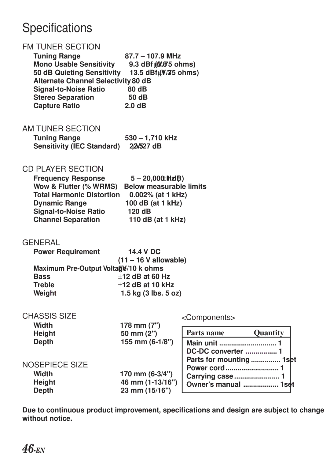 Alpine CDA-7990 manual Specifications, 46-EN 