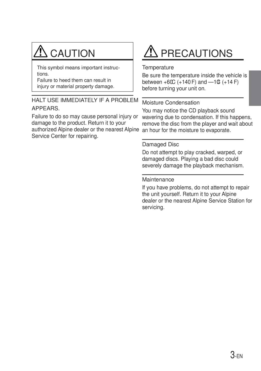 Alpine CDA-7990 manual Temperature, Moisture Condensation, Damaged Disc, Maintenance 