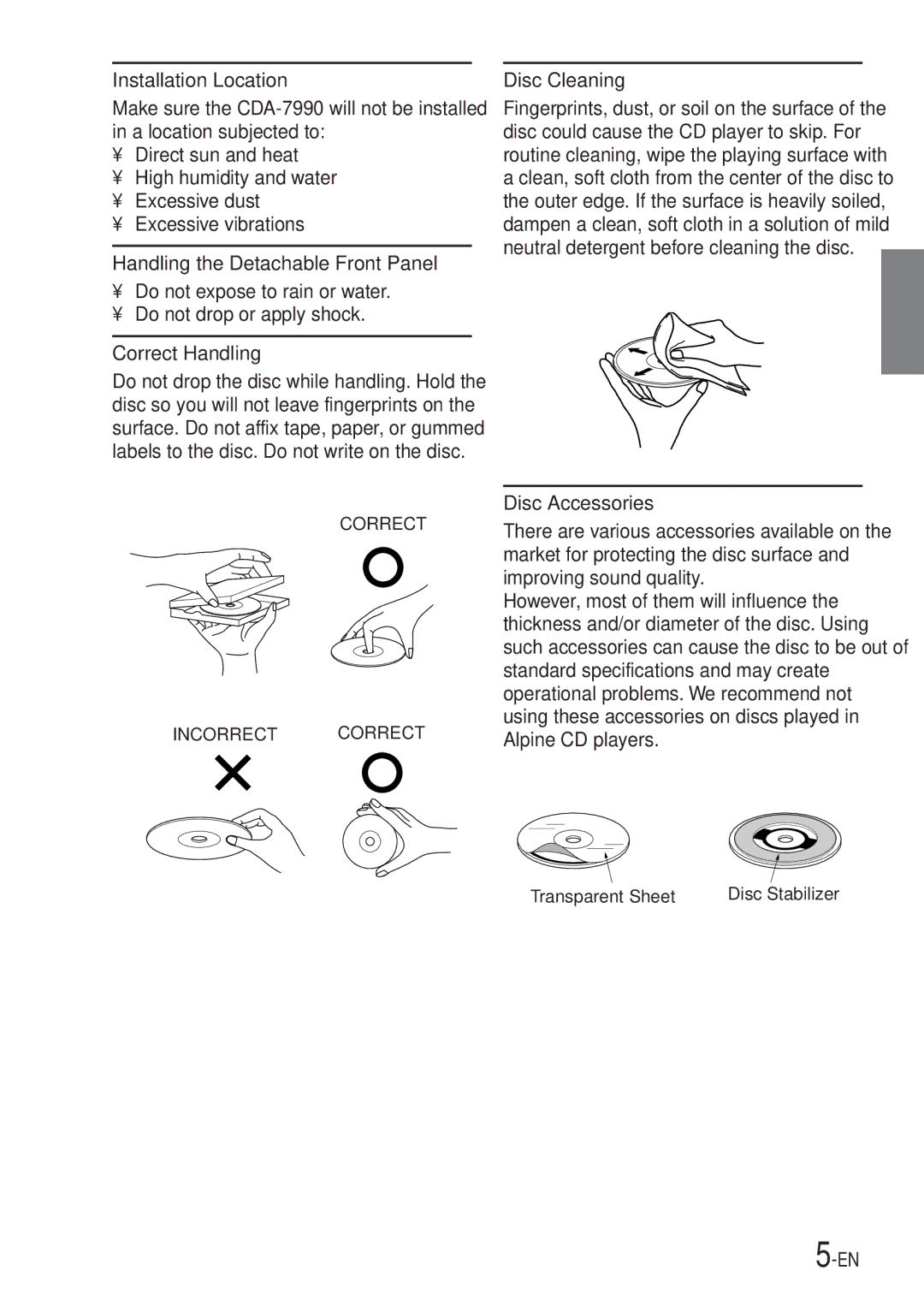 Alpine CDA-7990 manual Installation Location, Handling the Detachable Front Panel, Correct Handling, Disc Cleaning 