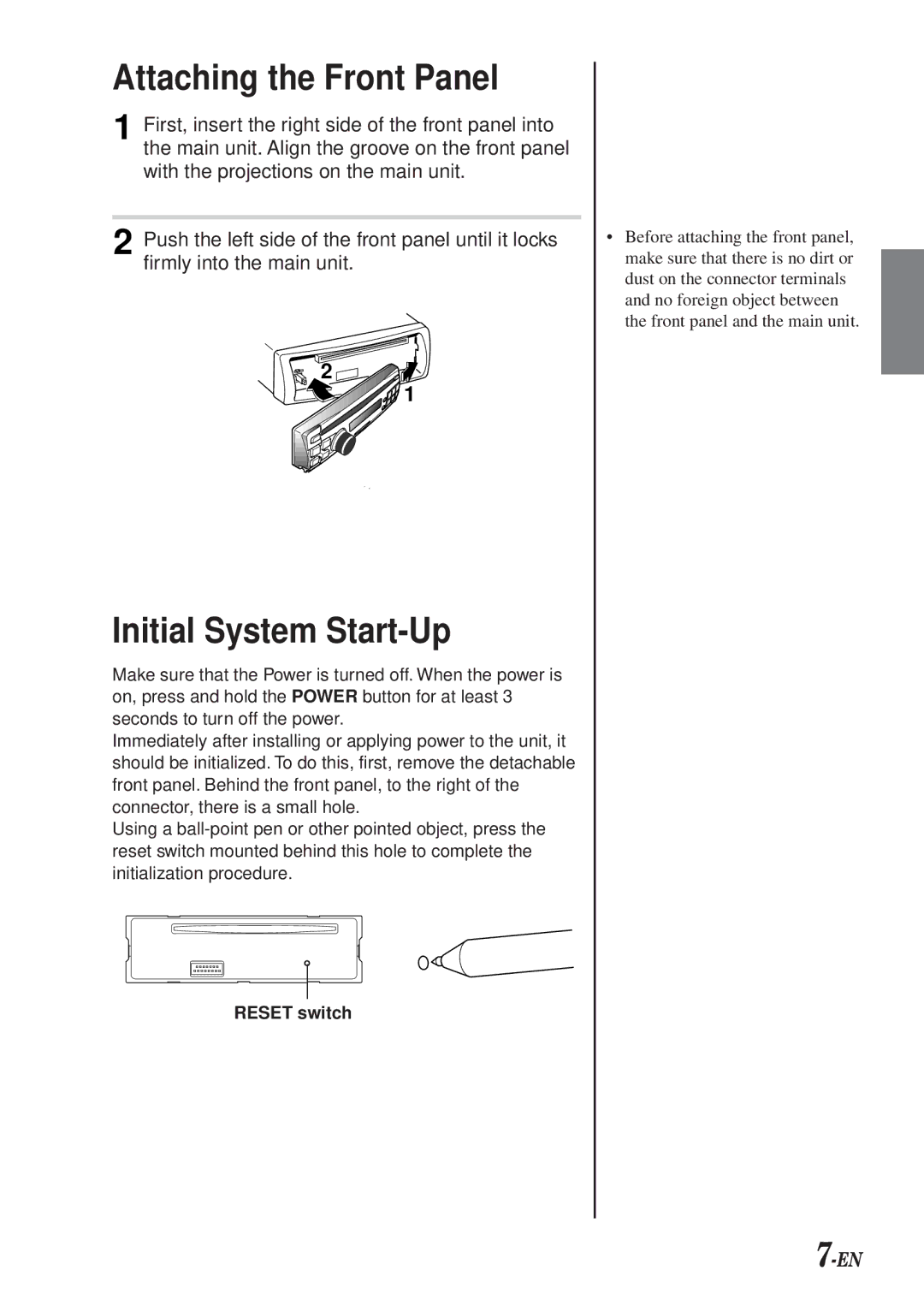 Alpine CDA-7990 manual Attaching the Front Panel, Initial System Start-Up 