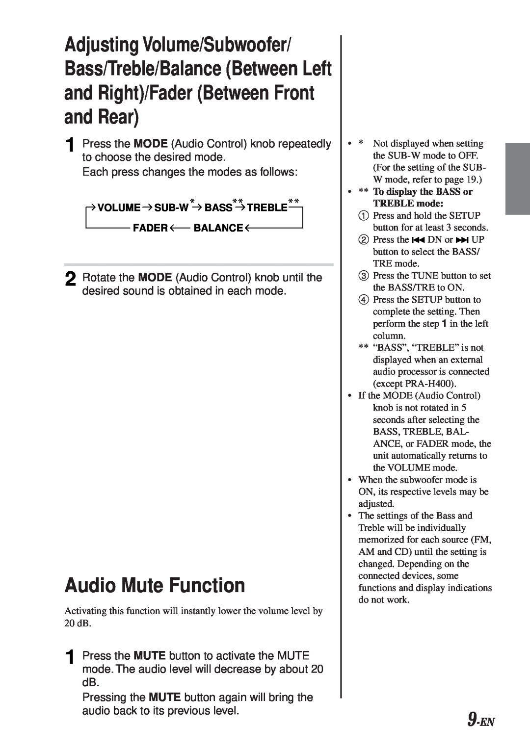 Alpine CDA-7990 manual Adjusting Volume/Subwoofer, and Rear, Audio Mute Function, and Right/Fader Between Front, 9-EN 