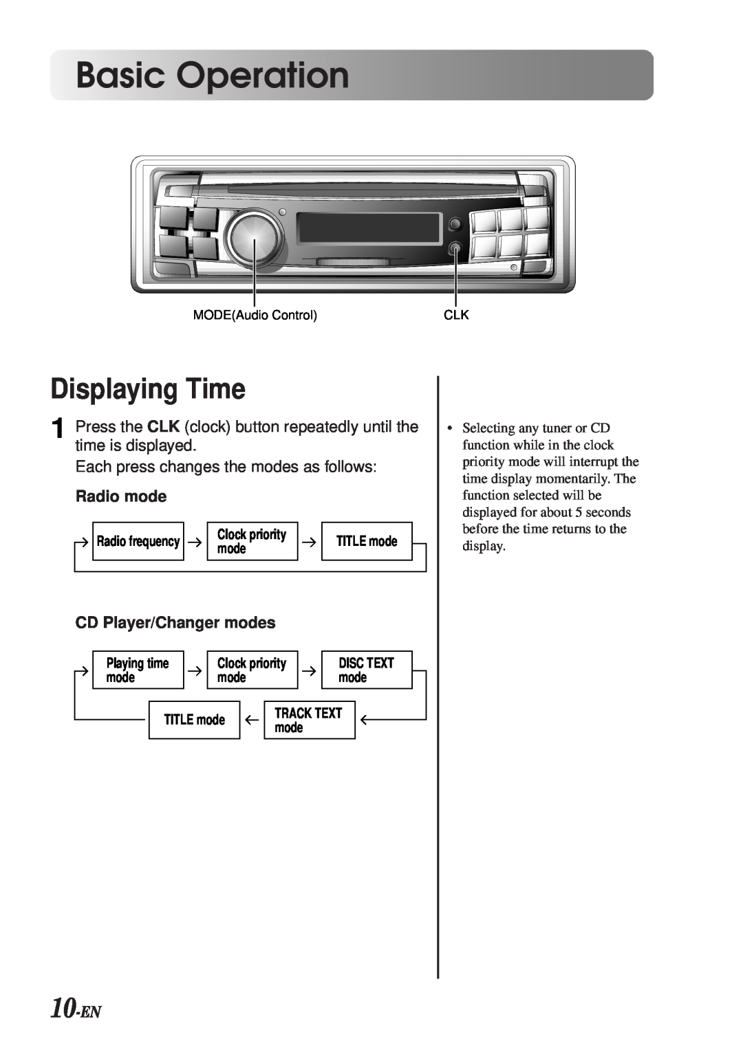 Alpine CDA-7990 Displaying Time, 10-EN, Radio mode, CD Player/Changer modes, Basic Operation, Radio frequency, Disc Text 