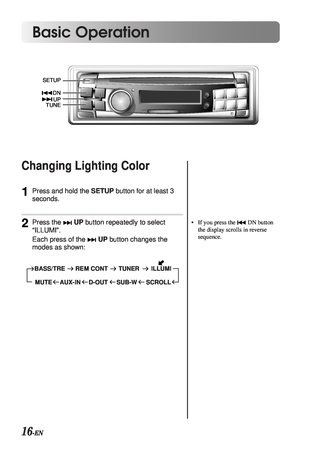 Alpine CDA-7990 manual Changing Lighting Color, 16-EN, Basic Operation 