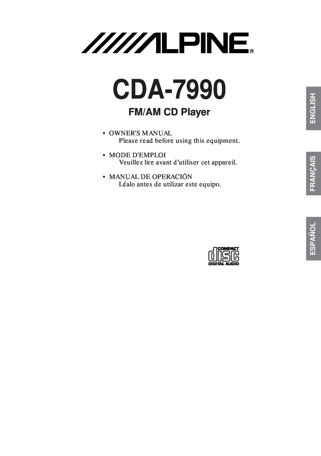 Alpine CDA-7990 manual FM/AM CD Player, English Français Español 
