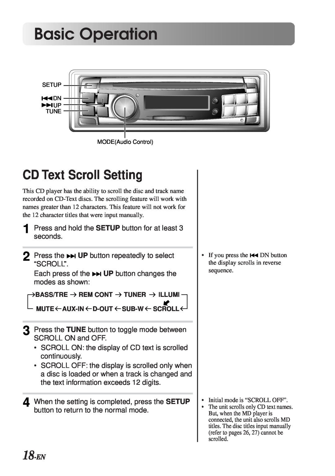 Alpine CDA-7990 manual CD Text Scroll Setting, 18-EN, Basic Operation 