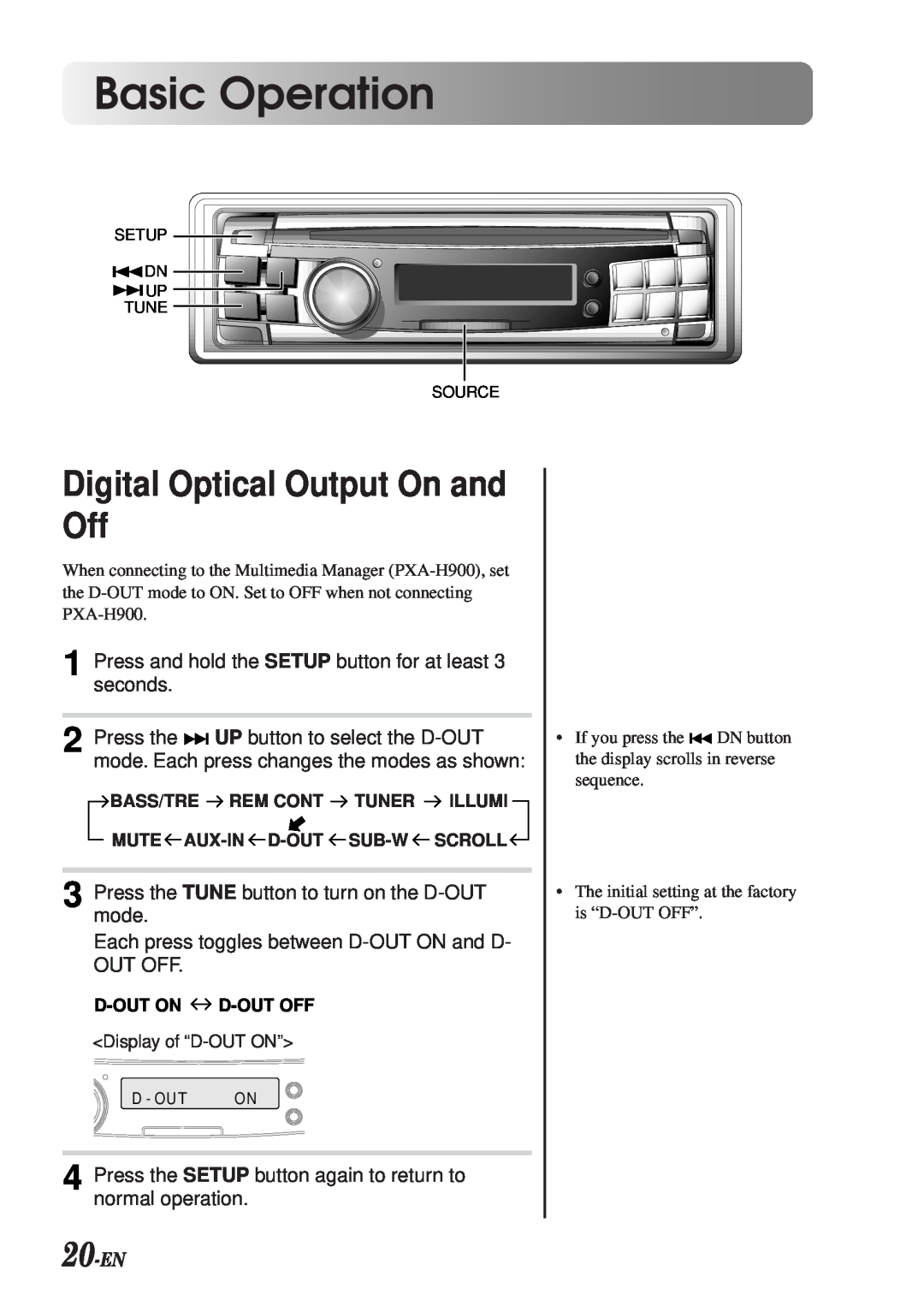 Alpine CDA-7990 manual Digital Optical Output On and Off, 20-EN, Basic Operation 